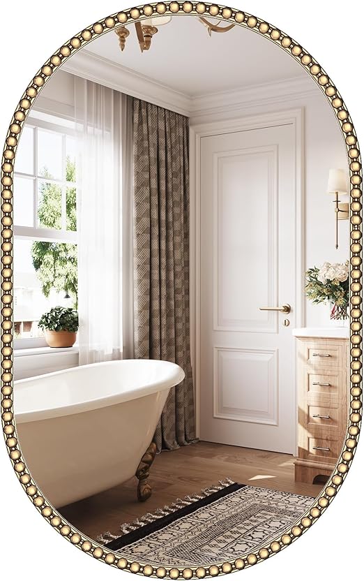 Oval Beaded Metal Wall Mirror – Gold Vintage Frame