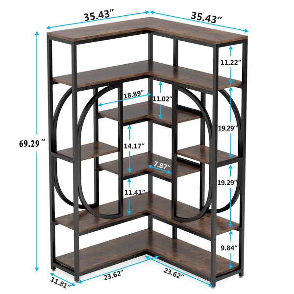 Tribesigns 7-Shelf Corner Bookshelf, Large Modern Corner Bookcase, Tall L-Shaped Corner Shelf Stand Display Rack with Storage, Metal Frame for Living Room Home Office (Rustic Brown)
