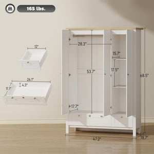 3-Door Armoire Wardrobe Closet with 2 Drawers and Hanging Rod