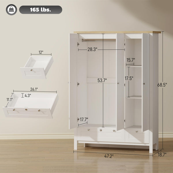3-Door Armoire Wardrobe Closet with 2 Drawers and Hanging Rod
