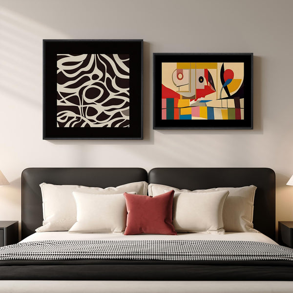Abstract Canvas Wall Art Set of 2 – Framed Geometric & Line Prints, 24x24 & 24x18 In