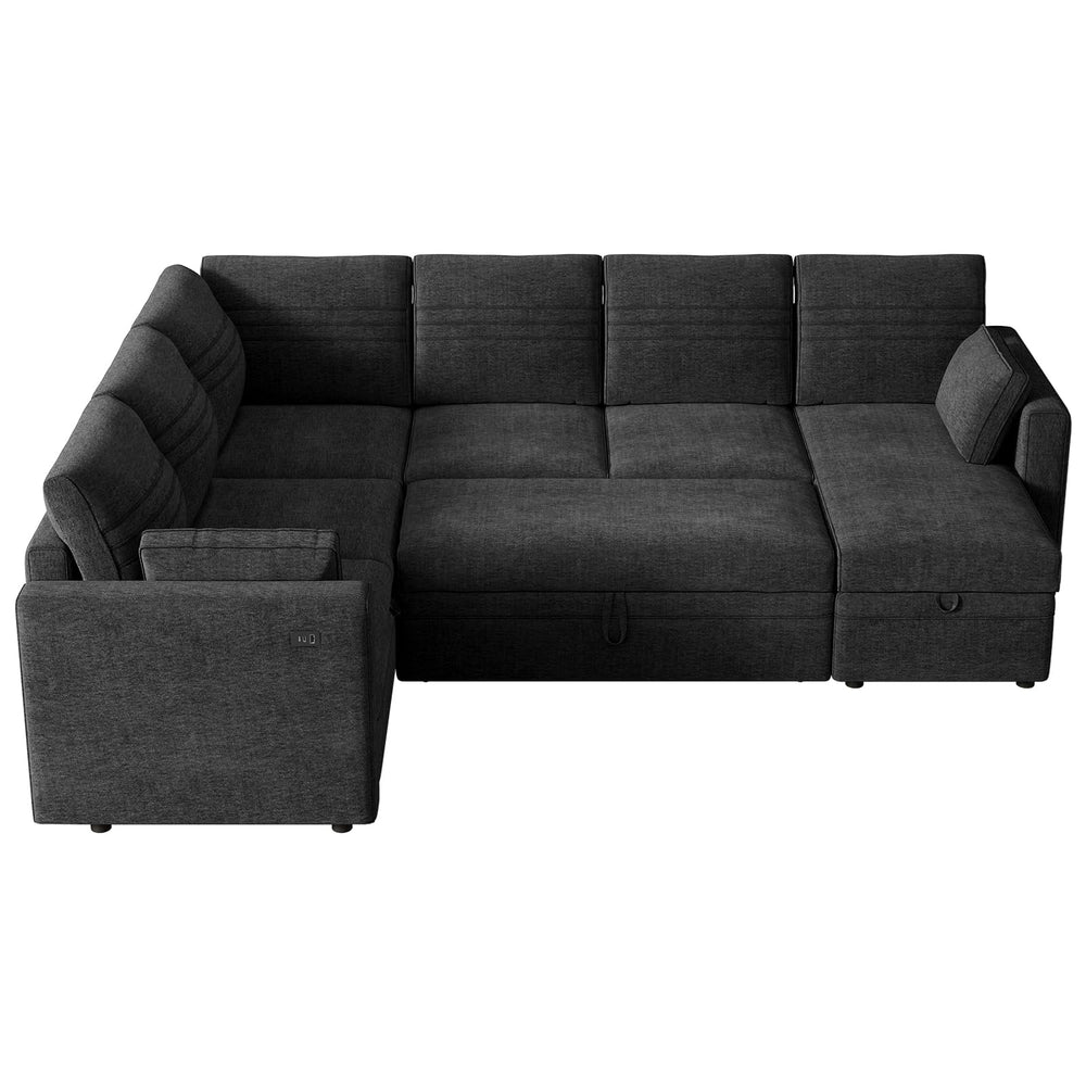 Modular Sectional Sleeper Sofa with Pull-Out Bed | 6-Seat U-Shaped Couch with Storage & USB Ports
