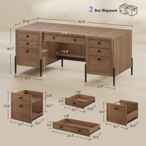 63-Inch Executive Desk with Drawers, Keyboard Tray & Storage Cabinets