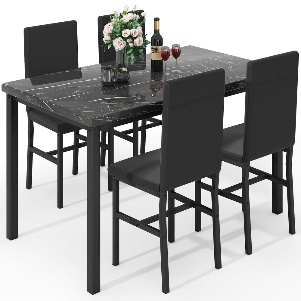 5-Piece Faux Marble Dining Table Set with 4 PU Leather Chairs