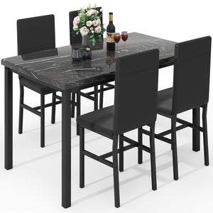 5-Piece Faux Marble Dining Table Set with 4 PU Leather Chairs