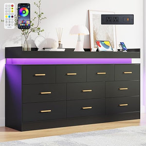 10-Drawer Dresser with Power Outlet and LED Light