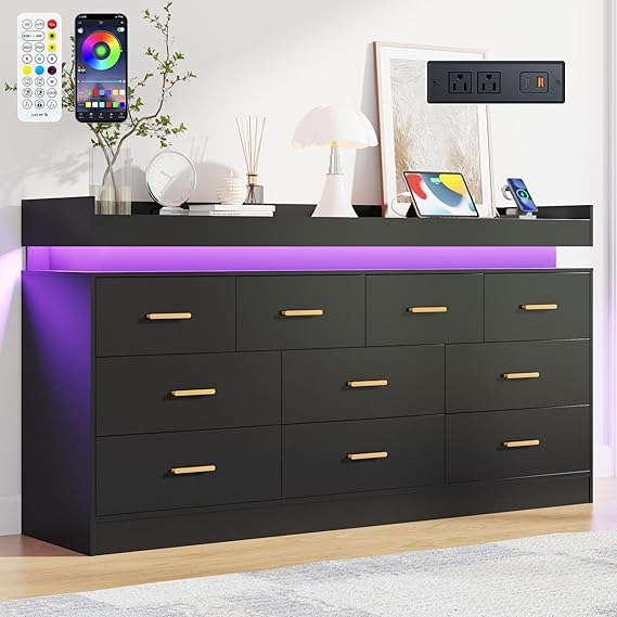 10-Drawer Dresser with Power Outlet and LED Light