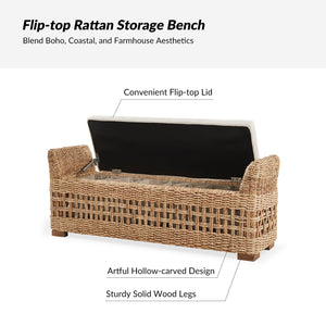 Water Hyacinth Storage Bench with Armrests & Pillows