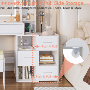LED Lighted Vanity Desk with Sliding Cabinet, Drawers & Storage Stool