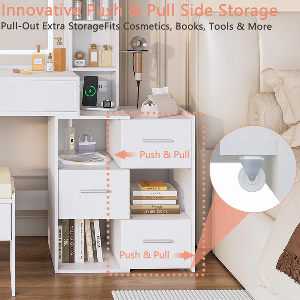 LED Lighted Vanity Desk with Sliding Cabinet, Drawers & Storage Stool