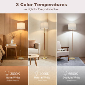 65" Mid-Century Modern Wood Floor Lamp with 3 Color Temperatures