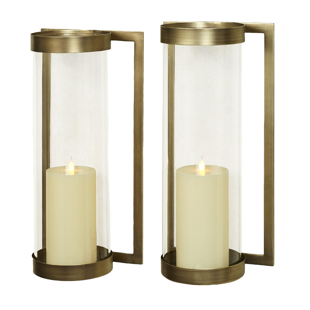 Satin Brass Metal Wall Sconce Pair with Glass Hurricane Candleholders