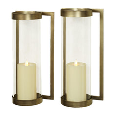 Satin Brass Metal Wall Sconce Pair with Glass Hurricane Candleholders