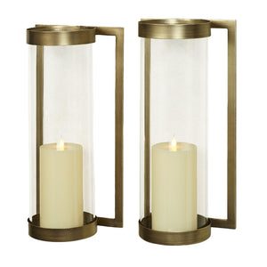 Satin Brass Metal Wall Sconce Pair with Glass Hurricane Candleholders