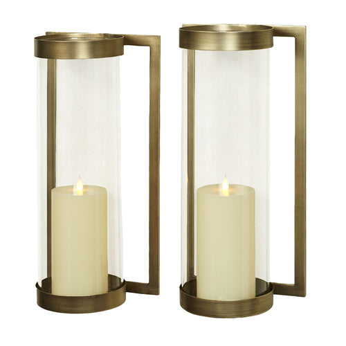 Satin Brass Metal Wall Sconce Pair with Glass Hurricane Candleholders
