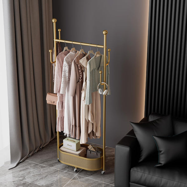 Gold Metal Garment Rack with Storage Basket