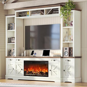 98" Farmhouse Entertainment Center with Fireplace, TV Stand & Barn Doors