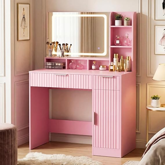 Fluted Makeup Vanity Desk with LED Mirror & Power Strip