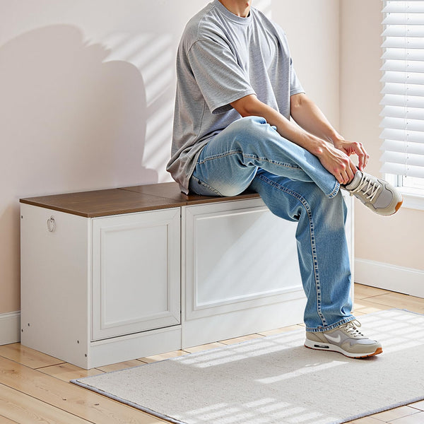 Storage Bench with Toy Box and Safety Hinge – White & Walnut, 47.2"