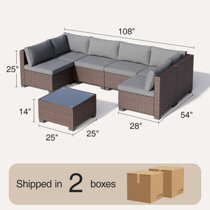 7-Piece Outdoor PE Rattan Sectional Sofa Set with Cushions & Glass Coffee Table