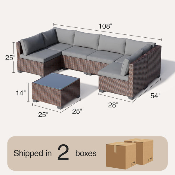 7-Piece Outdoor PE Rattan Sectional Sofa Set with Cushions & Glass Coffee Table