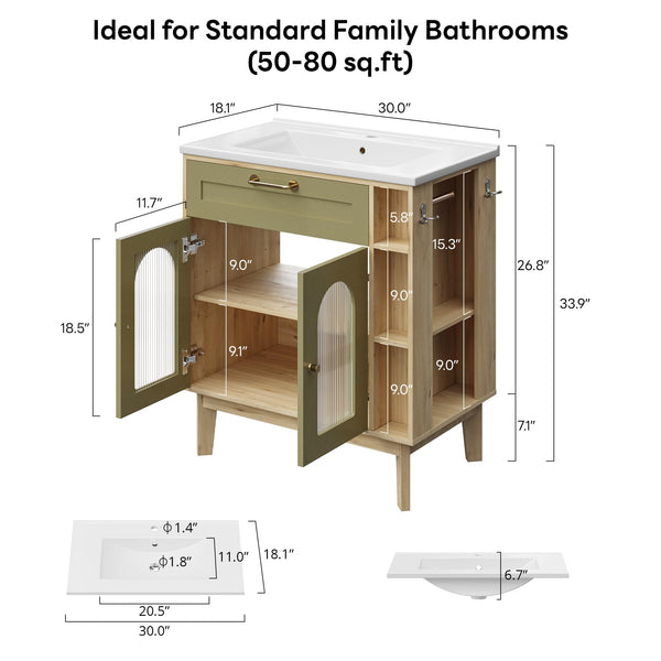 30 Inch Bathroom Vanity with Sink, Arched Glass Door & Ceramic Basin