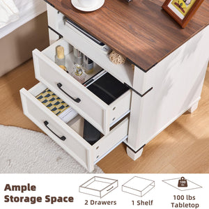 Farmhouse Nightstand with 2 Drawers & Open Shelf – White