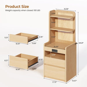 Sikaic 2PCS Tall Rattan Nightstand with Charging Station, Adjustable 90° Corner Bedside Table with 2 Drawers and Open Bookshelf, High Capacity End Side Table for Bedroom, Small Spaces, Natural Wood