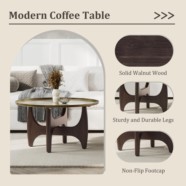 Round Coffee Table with Gold Tray Top & Walnut Base