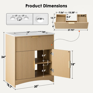 30-Inch Fluted Bathroom Vanity with Ceramic Sink and Storage Cabinet