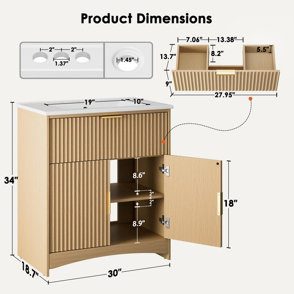 30-Inch Fluted Bathroom Vanity with Ceramic Sink and Storage Cabinet