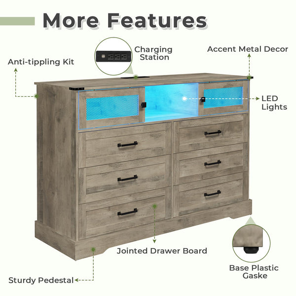 6 Drawer Dresser with LED Lights and Charging Station – Farmhouse Chest of Drawers, Rustic Oak