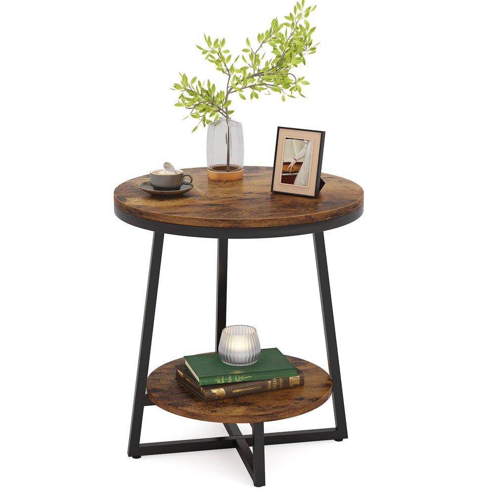 2-Tier Round Industrial End Table with Storage Shelf