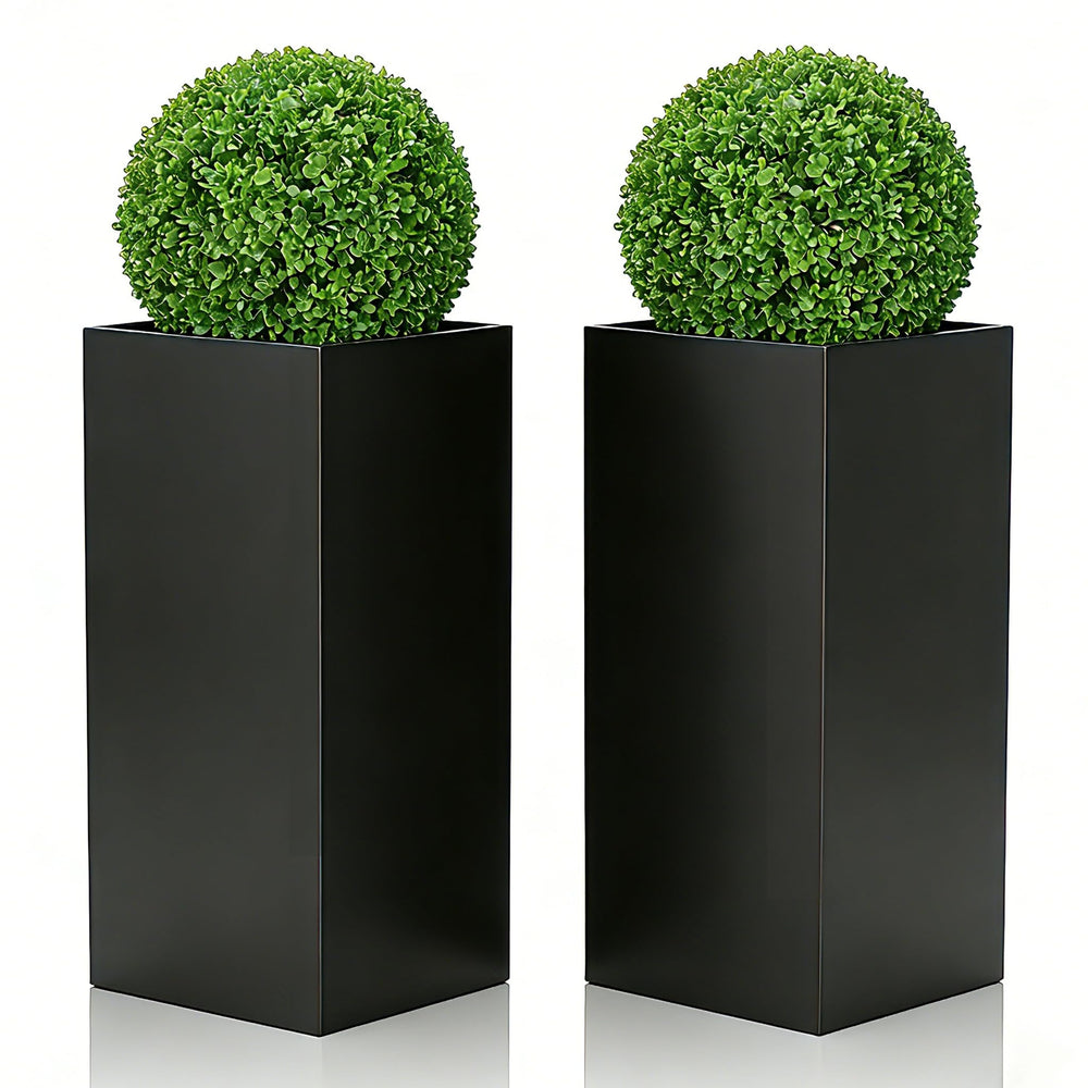 Tall Metal Outdoor Planter with Removable Shelf — 14"L x 14"W x 30"H, Black (Set of 2)