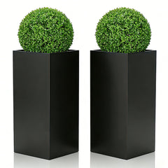 Tall Metal Outdoor Planter with Removable Shelf — 14"L x 14"W x 30"H, Black (Set of 2)