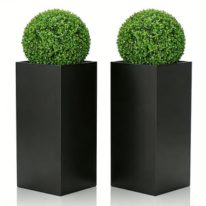 Tall Metal Outdoor Planter with Removable Shelf — 14"L x 14"W x 30"H, Black (Set of 2)