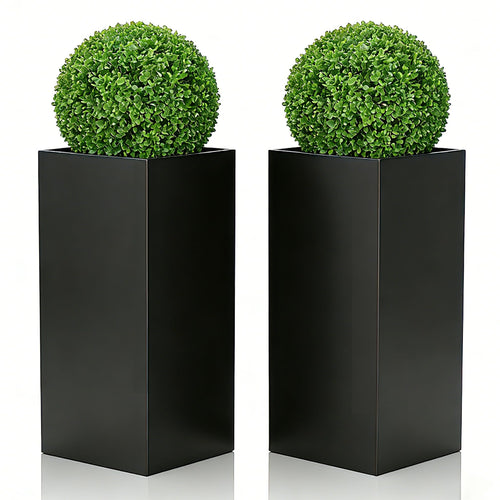 Tall Metal Outdoor Planter with Removable Shelf — 14"L x 14"W x 30"H, Black (Set of 2)