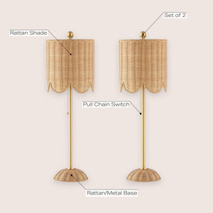 Coastal Rattan Table Lamp Set of 2 with Brass Gold Base