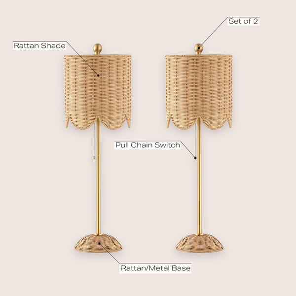 Coastal Rattan Table Lamp Set of 2 with Brass Gold Base