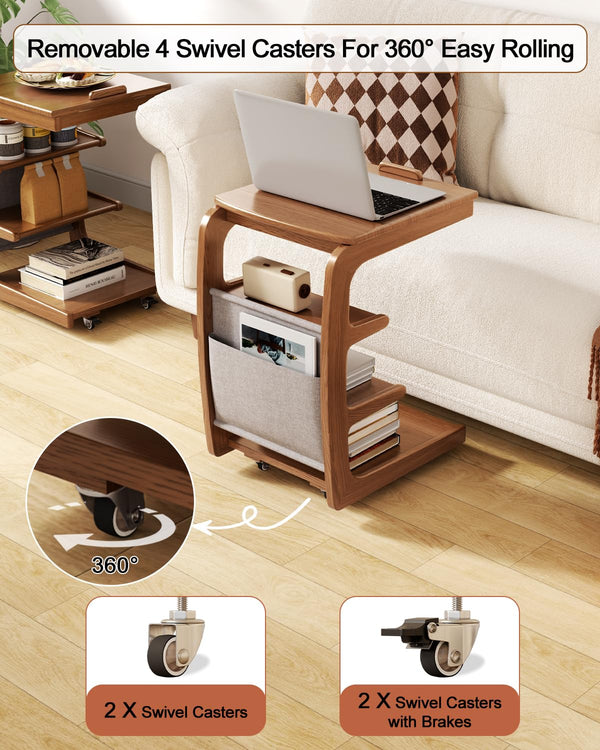 C-Shaped Rolling Side Table with Adjustable Desktop