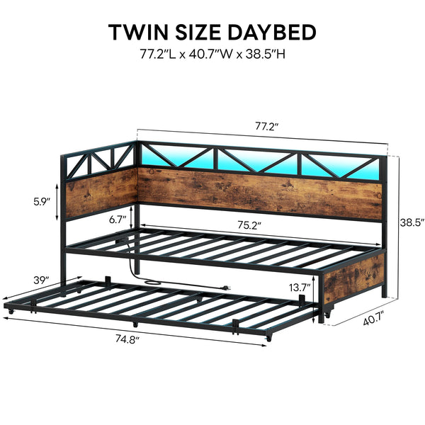 Twin Daybed with Trundle, RGB LED Lights & Charging Station