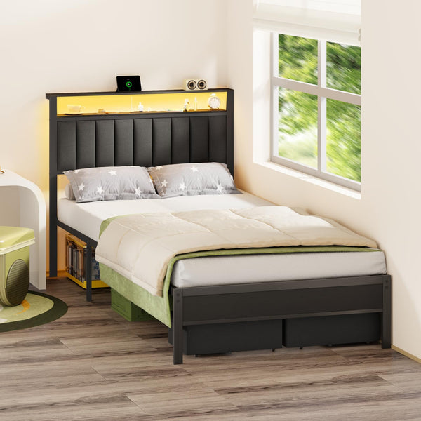 Platform Bed Frame with LED Lights, Charging Station & Storage Drawers