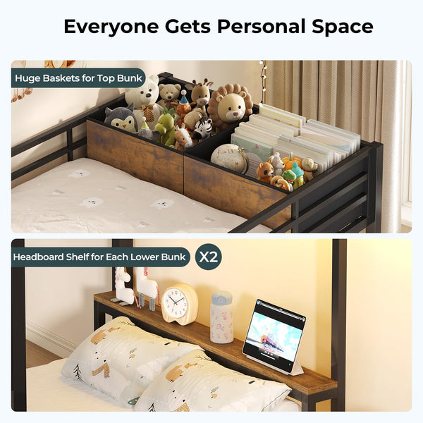 Triple Bunk Bed with Storage Staircase, RGB Lights & Charging Station – Twin Over Twin