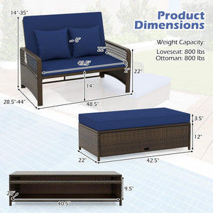 Outdoor Rattan Daybed Loveseat Set with Storage Ottoman & Cushions