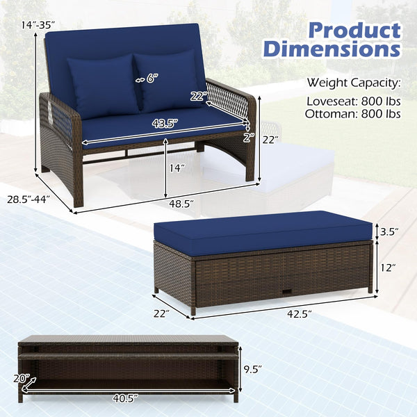 Outdoor Rattan Daybed Loveseat Set with Storage Ottoman & Cushions