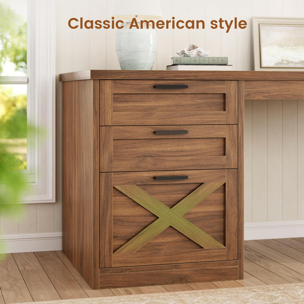 L-Shaped Farmhouse Desk with Drawers, Power Outlets & Storage Shelves