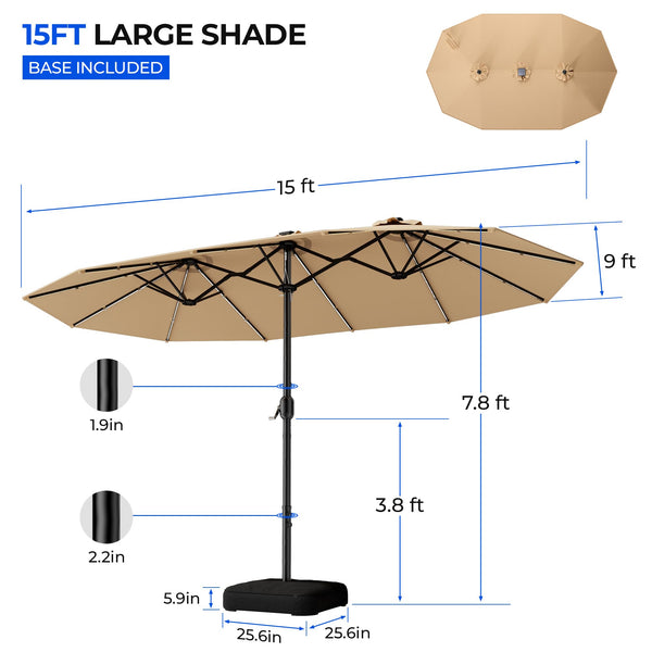 15ft Double-Sided Patio Umbrella with Base & RGB LED Lights