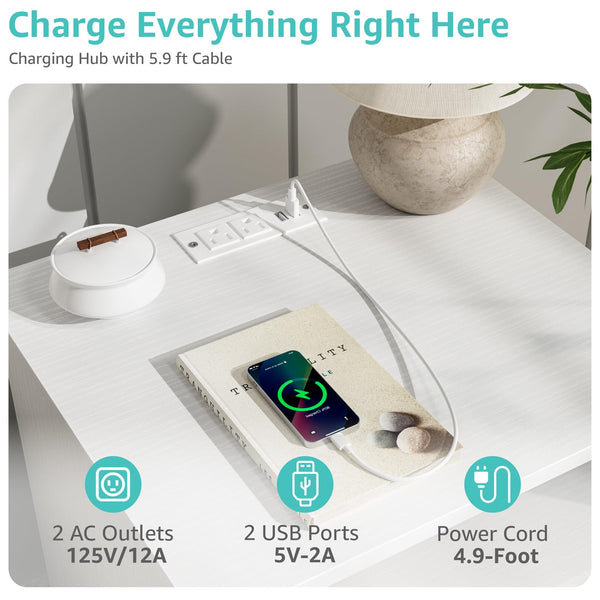 White Wooden Nightstand with LED Lights & Charging Station