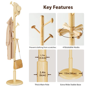 Solid Wood Freestanding Coat Rack with 10 Hooks