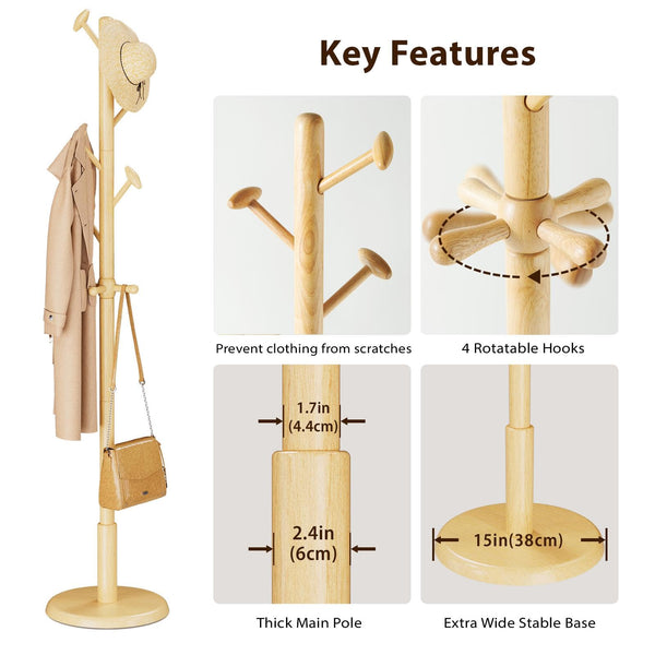 Solid Wood Freestanding Coat Rack with 10 Hooks